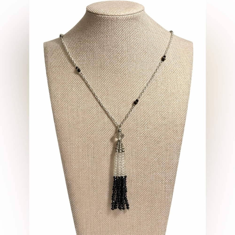 Vintage Black & Crystal Beaded Tassel Statement Necklace